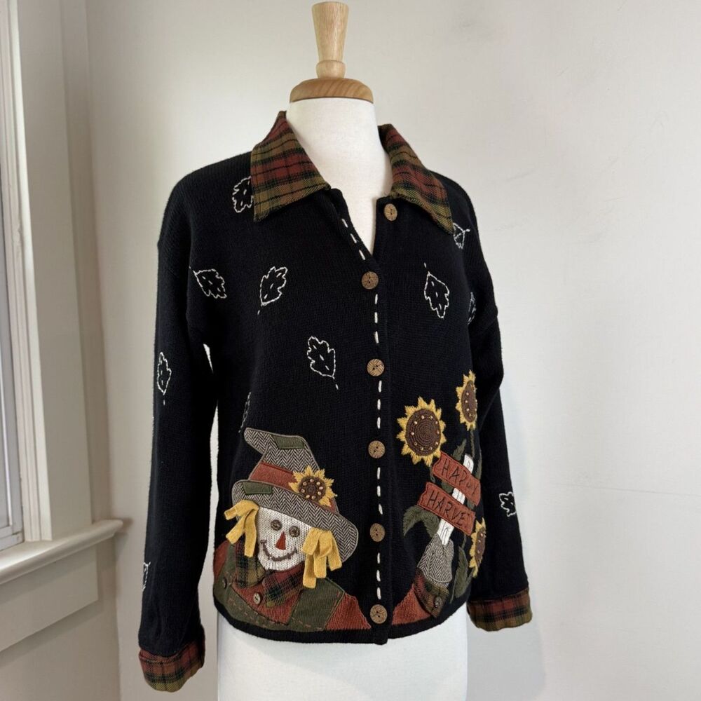 Vintage Scarecrow Applique Cardigan | Kitschy Sunflower Fall Harvest Sweater